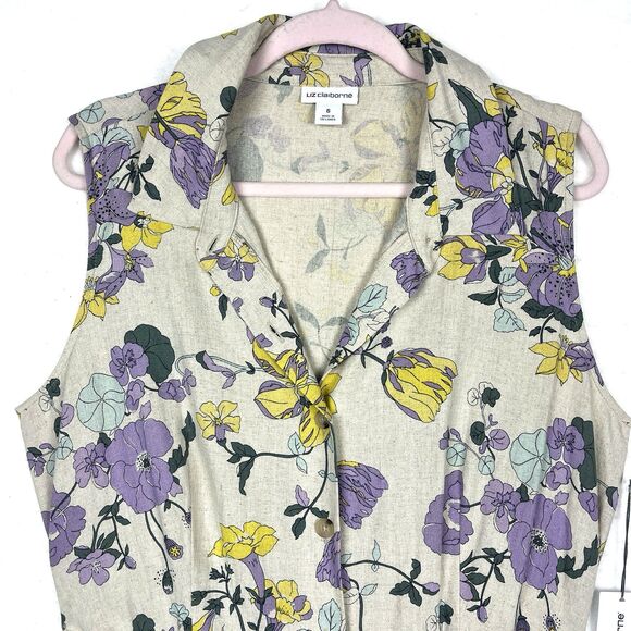 Liz Claiborne Floral Belted Dress Womens SZ 6 Fit & Flare Midi Sleeveless Linen - Picture 5 of 11